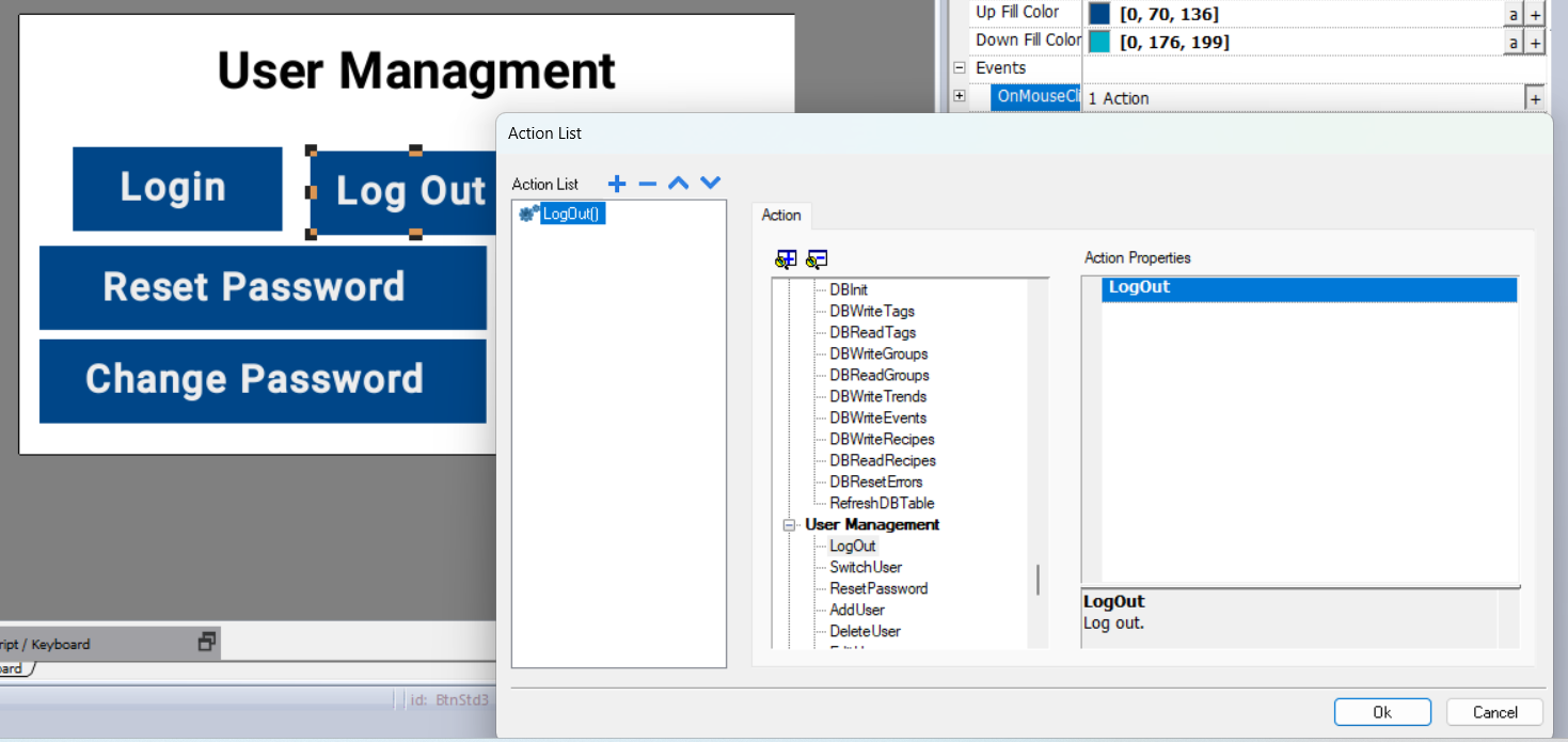 how to create logout action button in abb hmi